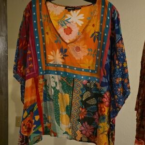 Tolani Multicolor Floral Patchwork V-Neck Tunic - Orange, Blue, Green, Pink